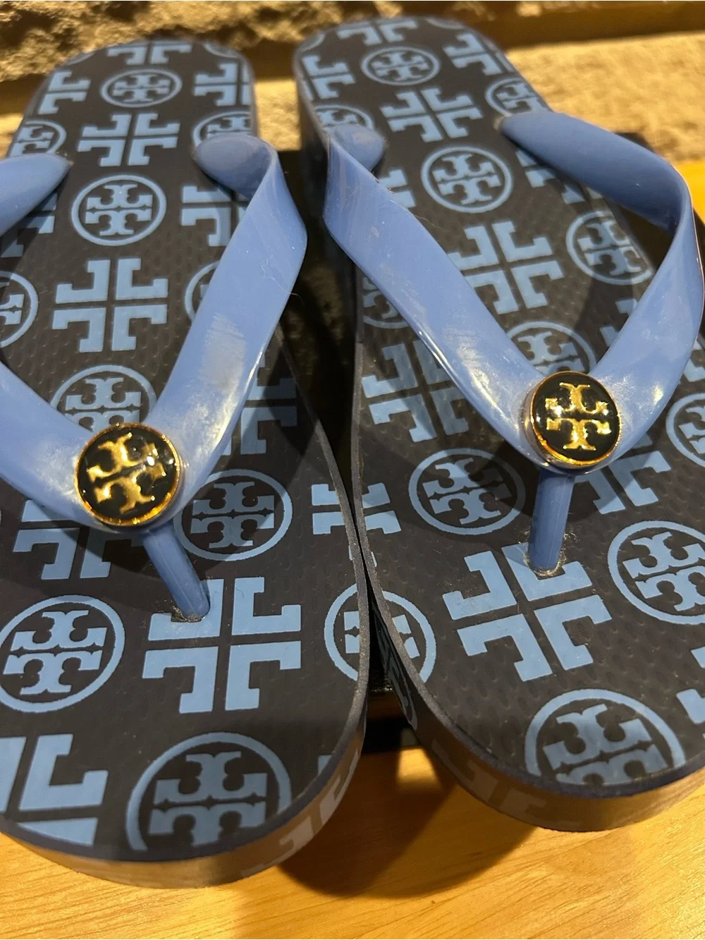 Tory Burch T Monogram Wedge Flip Flops – Periwinkle Blue, Size 6
